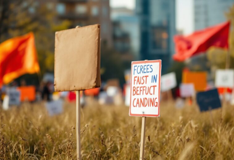 Manifestazione contro Tesla con cartelli e bandiere